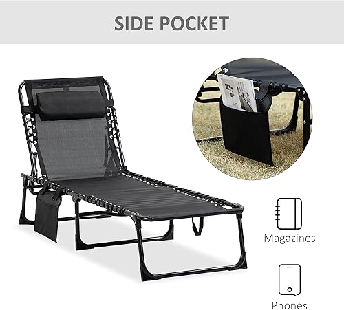 Miniatura 7 de Outsunny Tumbona reclinable, tumbona portátil, catre plegable con respaldo ajustable y almohada extraíble, para patio, jardín, playa, color negro