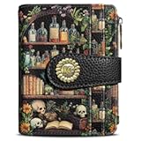 Bookshelves Skull Goth Gothic Small Rfid Women Wallet Bifold Zipper Coin Pocket PU Leather Compact Cash Credit Card Holder Travel Wallet Female Ladies Teen Girls 1 ID Window 10 Card Slots