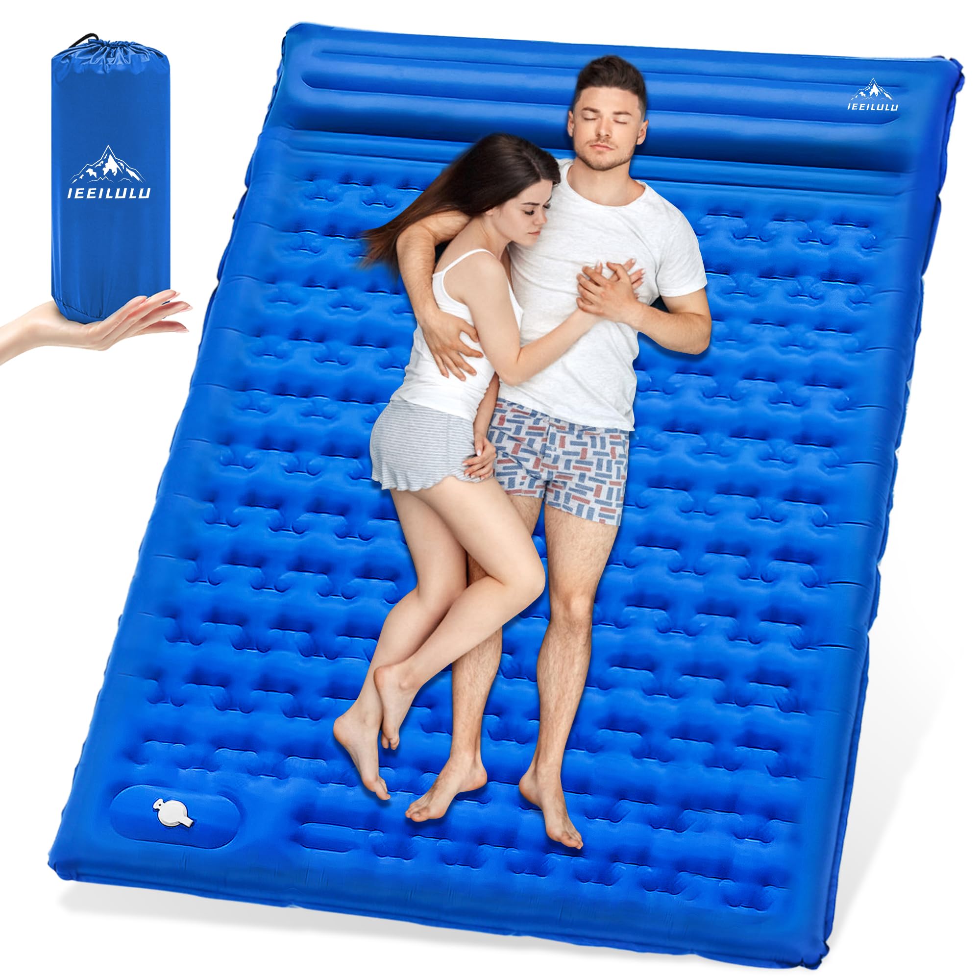 IEEILULU Materassino Campeggio, 196 * 140cm Materasso Gonfiabile Matrimoniale con Cuscino, Materassino Ultraleggero Autogonfiabile per 2 Persone Campeggio Backpacking Viaggio Spiaggia (Blu marino)