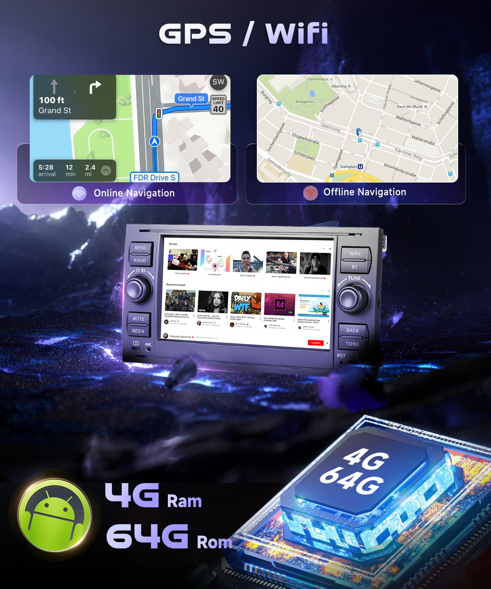 4G 64G VECHTEL 7"Autoradio Bluetooth per Ford Transit Fiesta Focus Galaxy Mondeo Fusion Kuga C-Max S-Max Carplay Android Auto,DSP EQ,Wifi GPS Navi,RDS/FM Radio 2 din con Retrocamera AHD