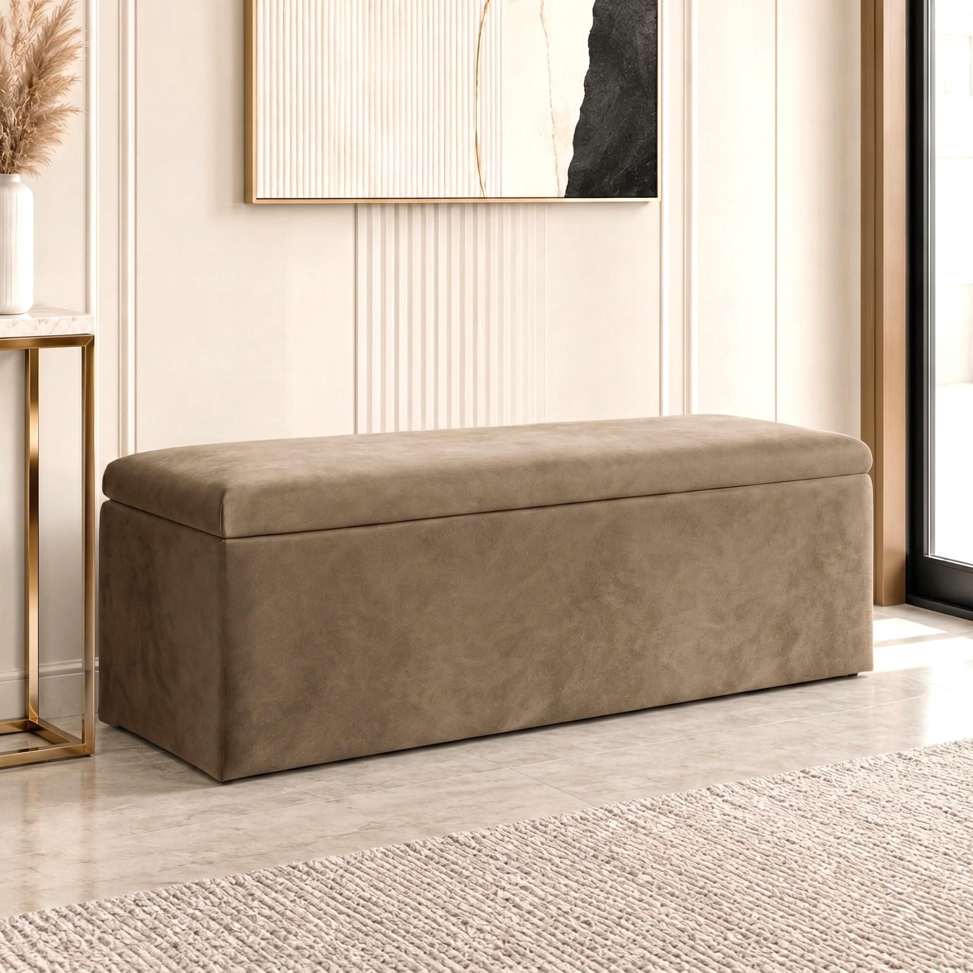 Harveys Living Plain Ottoman Storage Box - Engineered Wood Luxurious Plush Velvet Ottoman Storage Bench (Mink, No Legs)
