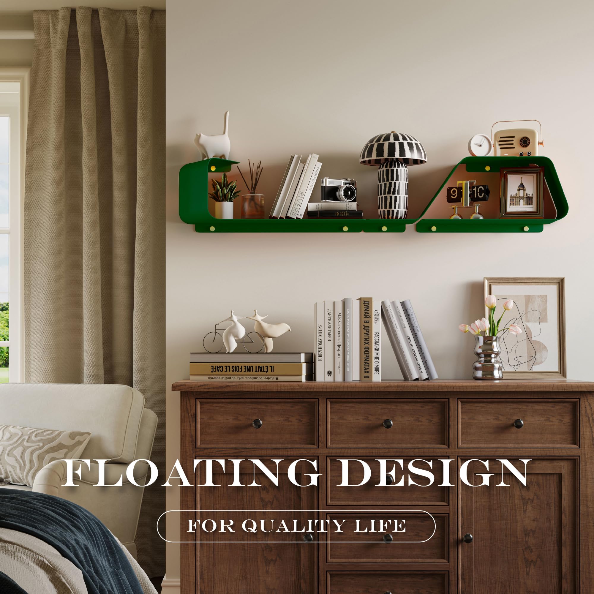 Sttoraboks Floating Shelves, Wall Shelf, Set of 3 Wall Mounted Metal Shelves with Unique Design for Wall Storage, Book Shelf, Display Shelves for Bathroom Bedroom Kitchen Living Room for Home Green