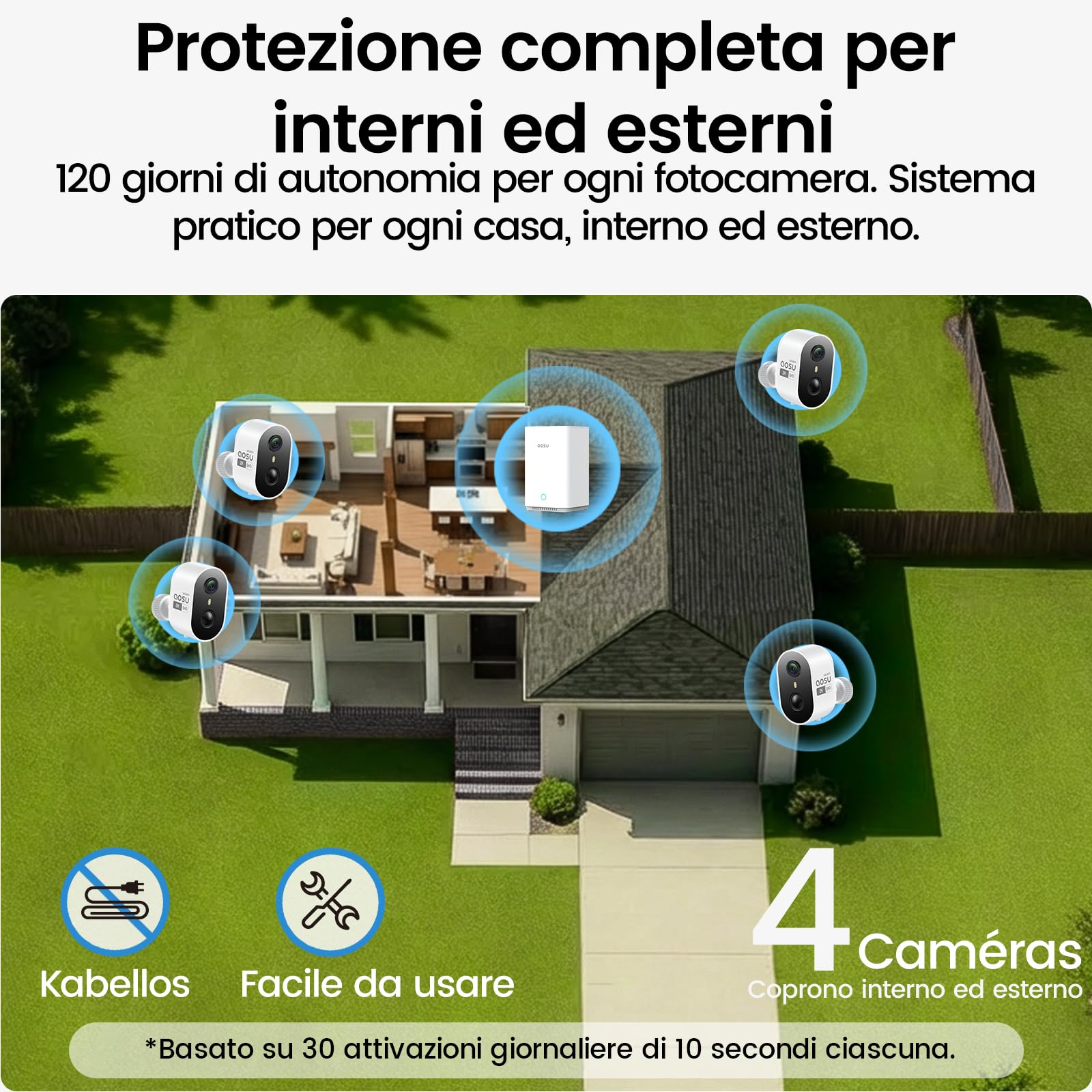 aosu Cámara de Vigilancia 2K Exterior e Interior Kit 4 Cámaras con Aosubase 2.0 Sin Suscripción 32GB Almacenamiento Local Cámara Inalámbrica Sensor PIR Alarma Luz Audio Bidireccional Visión Nocturna