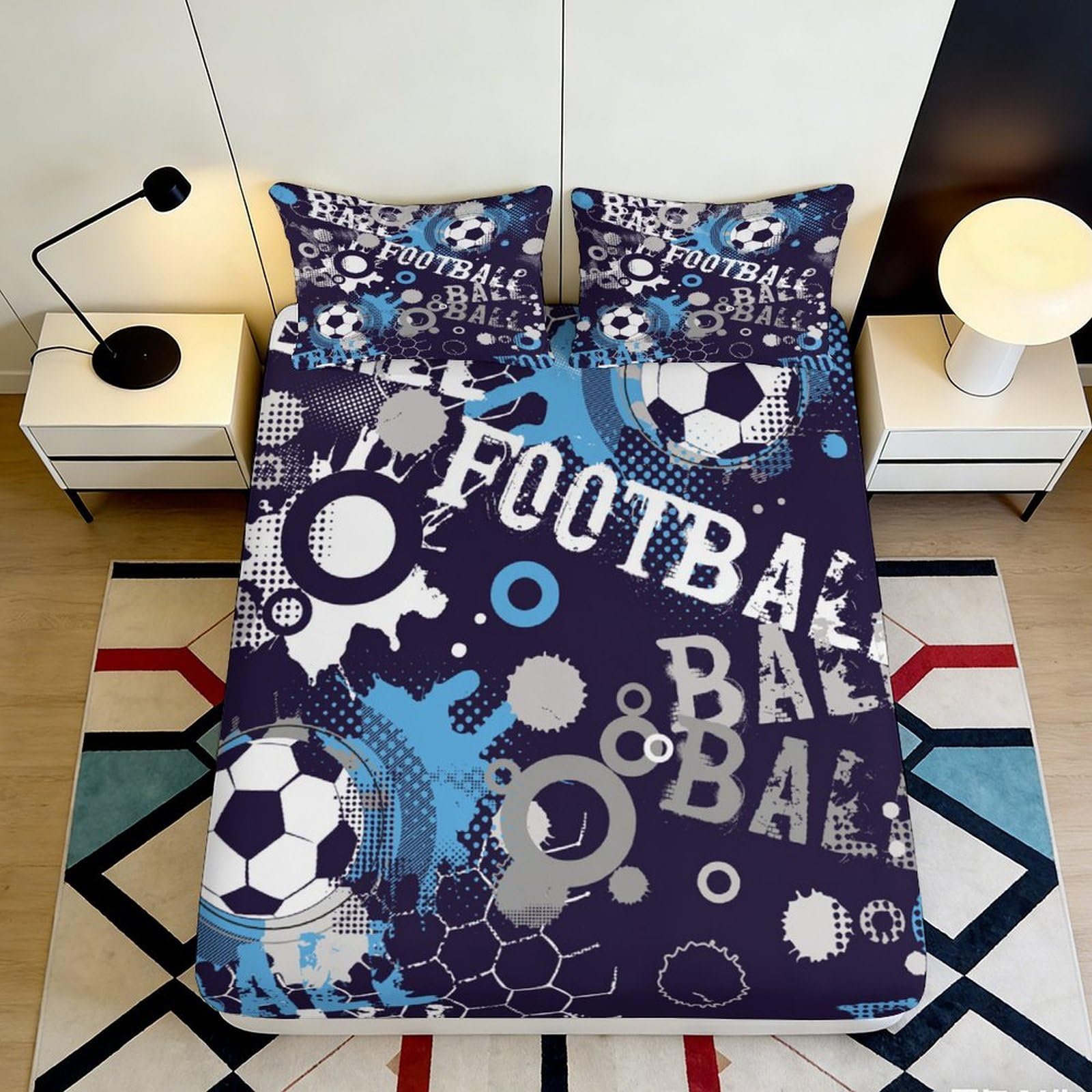 3D Printed Football Graffiti Fitted Sheet Microfiber Bed Cover Anti-Slip Machine Washable for Bedroom Dorm Decor 200x200x25cm