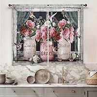 Vista 1 de Rusitc - Cortinas de cocina de 27.5 pulgadas de ancho x 39 pulgadas de largo, 2 paneles con bolsillo para barra, flores rosas claras