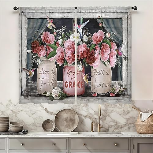Rusitc - Cortinas de cocina de 27.5 pulgadas de ancho x 39 pulgadas de largo, 2 paneles con bolsillo para barra, flores rosas claras, estilo