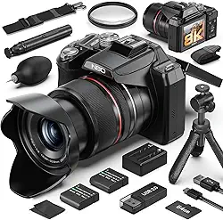 Câmeras profissionais de 8 K e 64 MP para fotografia, zoom de 48 x (óptico de 16 x + 3 digitais) com modo lua, tela flip de 180°, WiFi, micro HDMI, cartão de 64 GB e 2 baterias, câmera digital para