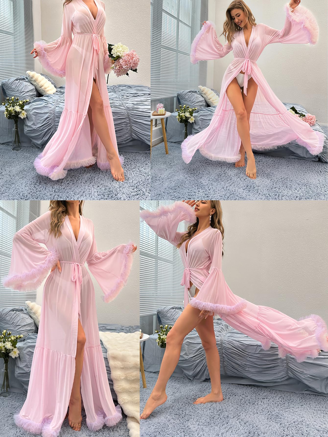 OYOANGLE Women's Ruffle Trim Long Sleeve Belted Sheer Mesh Wedding Bride Robe Nightgown: XX-Large Light Pink