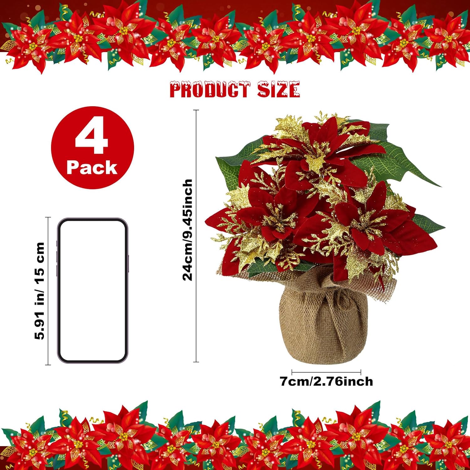 Suncalla 4 Pack Mini Artificial Poinsettias in Pots 9 inch Faux Red Glitter Poinsettias Plants Tabletop Christmas Centerpieces for Home Office Table Indoor Xmas Holiday Indoor(Burlap,Beige)