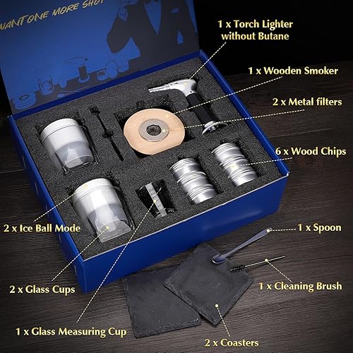 Miniatura 3 de CWLAKON Kit de ahumador de cóctel con antorcha, chips de madera de 6 sabores, 2 vasos, kit de infusor de ahumador de whisky bourbon, kit de ahumador