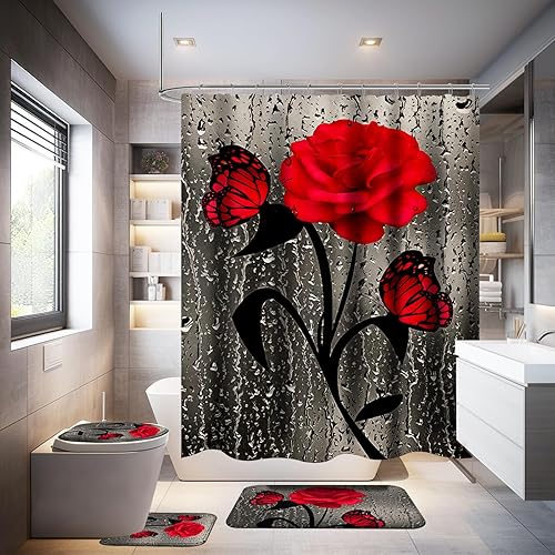 Neween Juego de 4 cortinas de ducha con diseño de rosa roja, modernos juegos de baño con alfombras, cubierta de tapa de inodoro y tapete de baño,