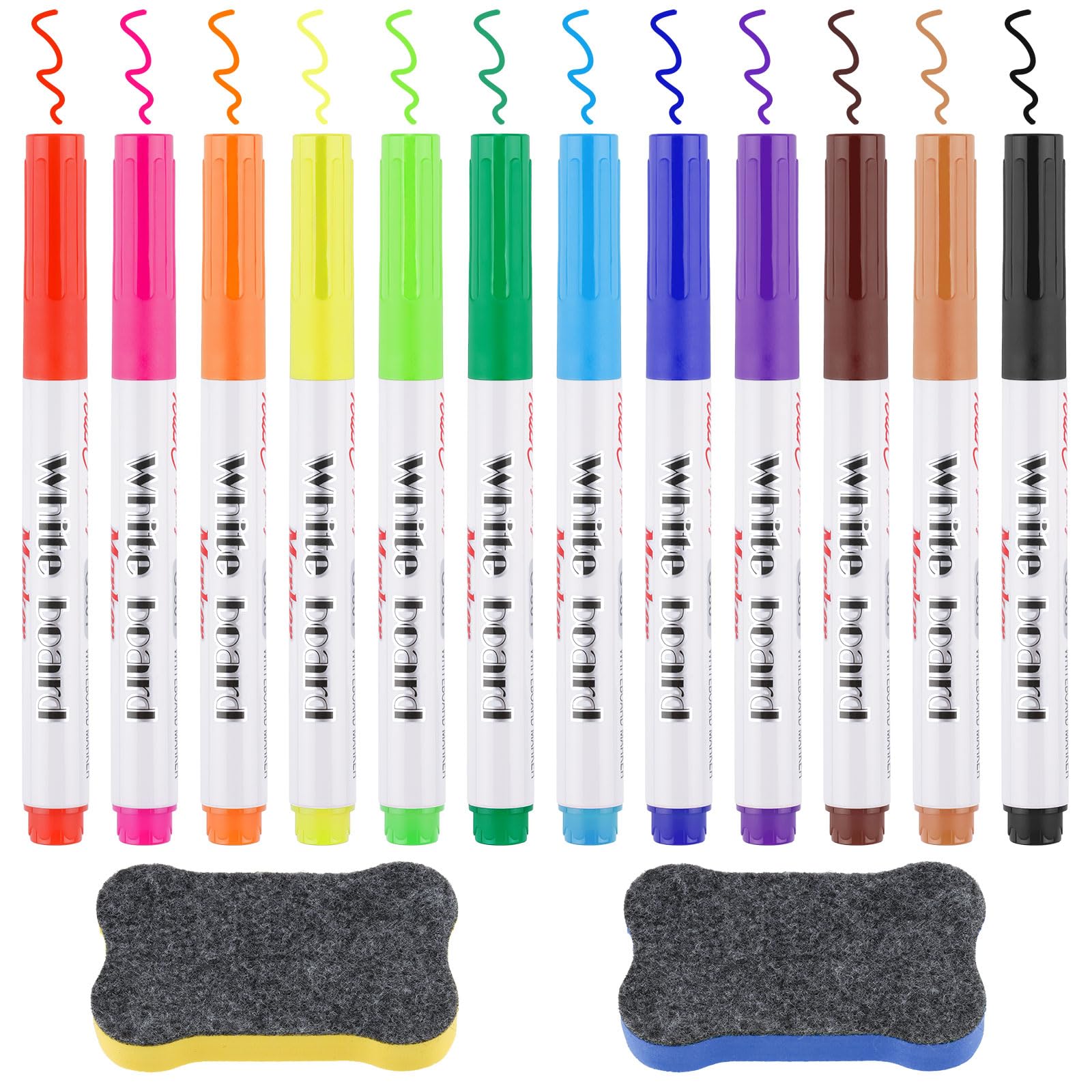 WINKIO White Board Markers Erasable, 12 Color Dry Wipe Whiteboard Pens with Magnetic Erasers