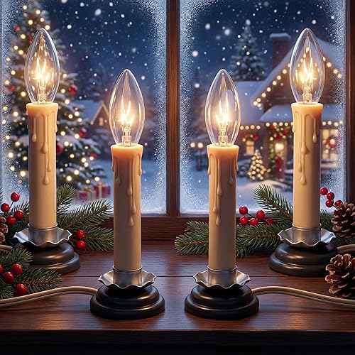 Lámparas eléctricas de vela de 5 pulgadas, luces de vela de ventana de Navidad con base de hierro de ciruela negra, velas eléctricas con bombillas
