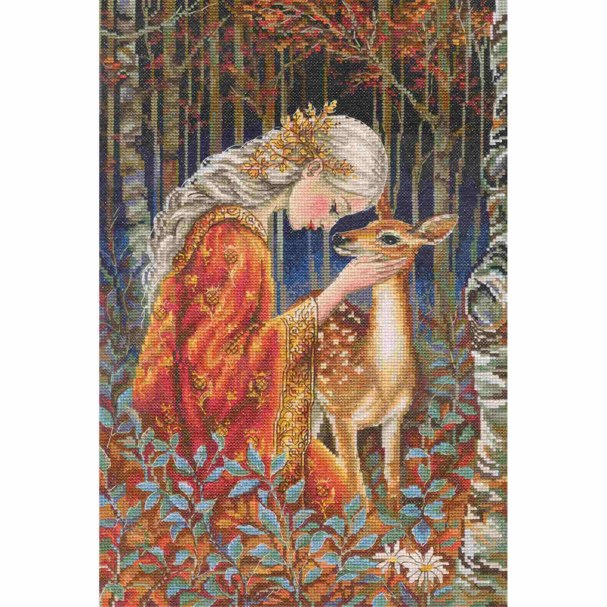RTO Counted Cross Stitch Kit Fairytale Girl and Fawn M1096, Advanced, Beige14ct AIDA Fabric, Embroidery for Adults