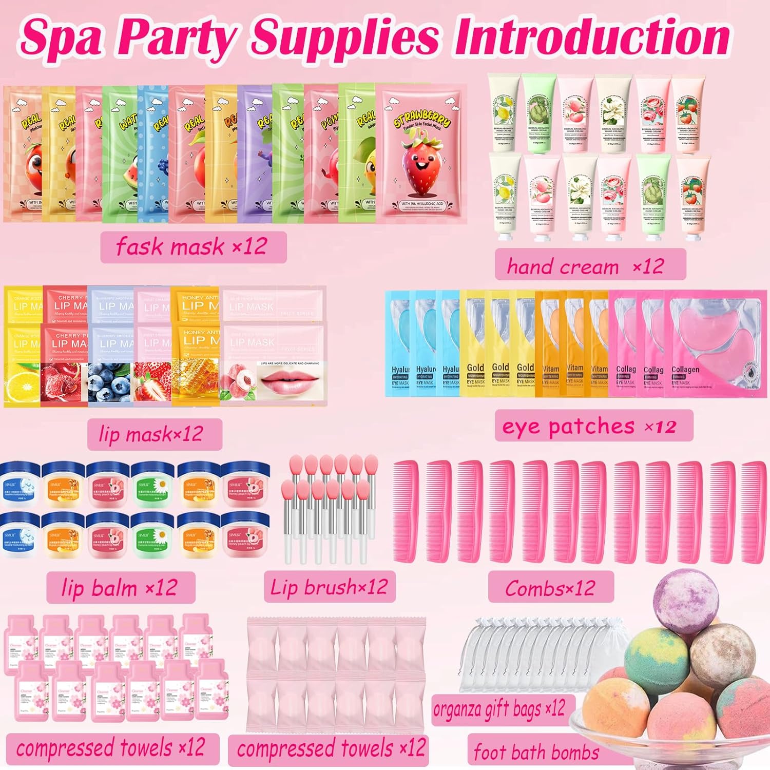 144 PCS Spa Party Supplies for Women, Spa Party Favors Include Face Masks Skincare,Hand Cream,Lip Mask,Comb and Foot Bath Bombs,Spa Birthday Sleepover Party Supplies for Women