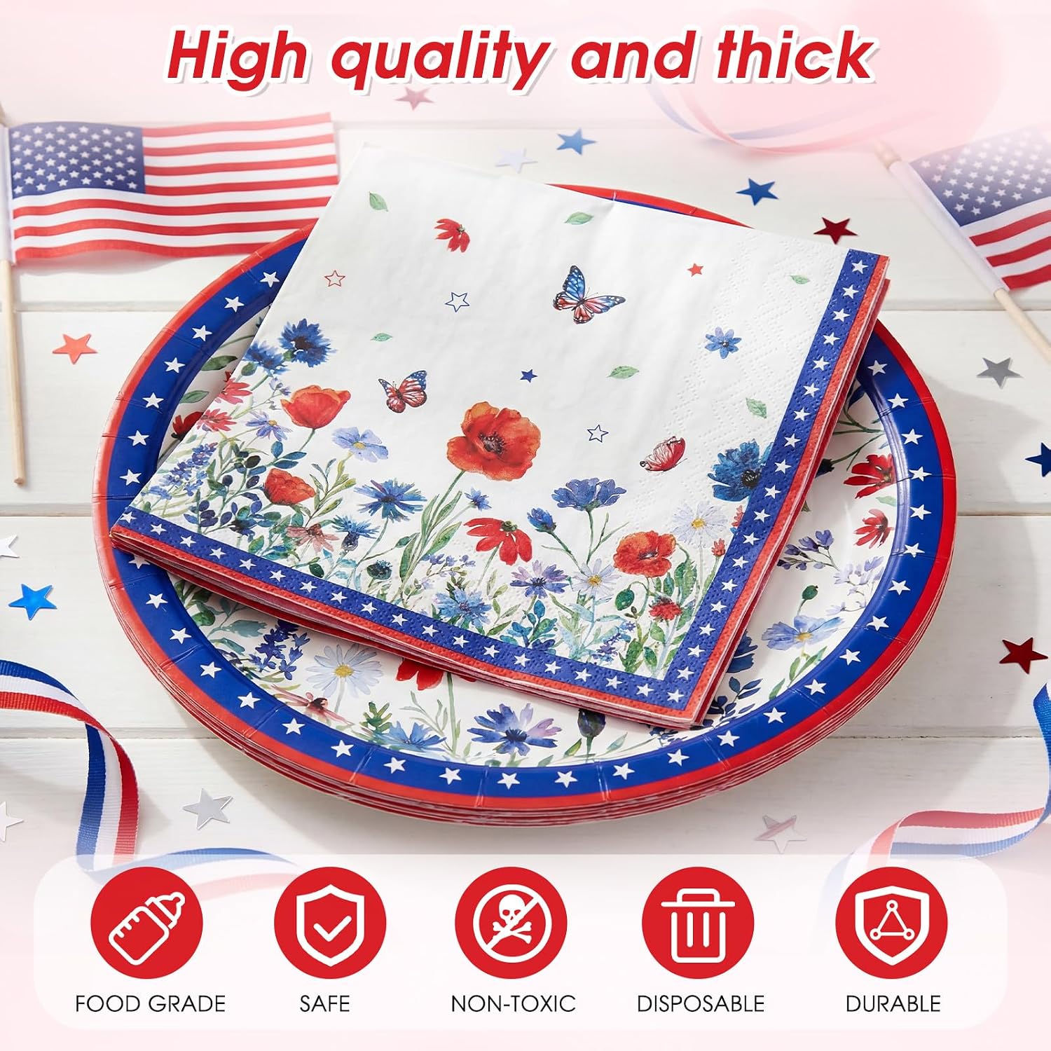 41Pcs 4th of july party supplies Patriotic Watercolor Poppy Flowers Independence Day Disposable Plates Napkins Tablecloth Set for Fourth of July Independence Veterans Election Memorial Day Serve 20