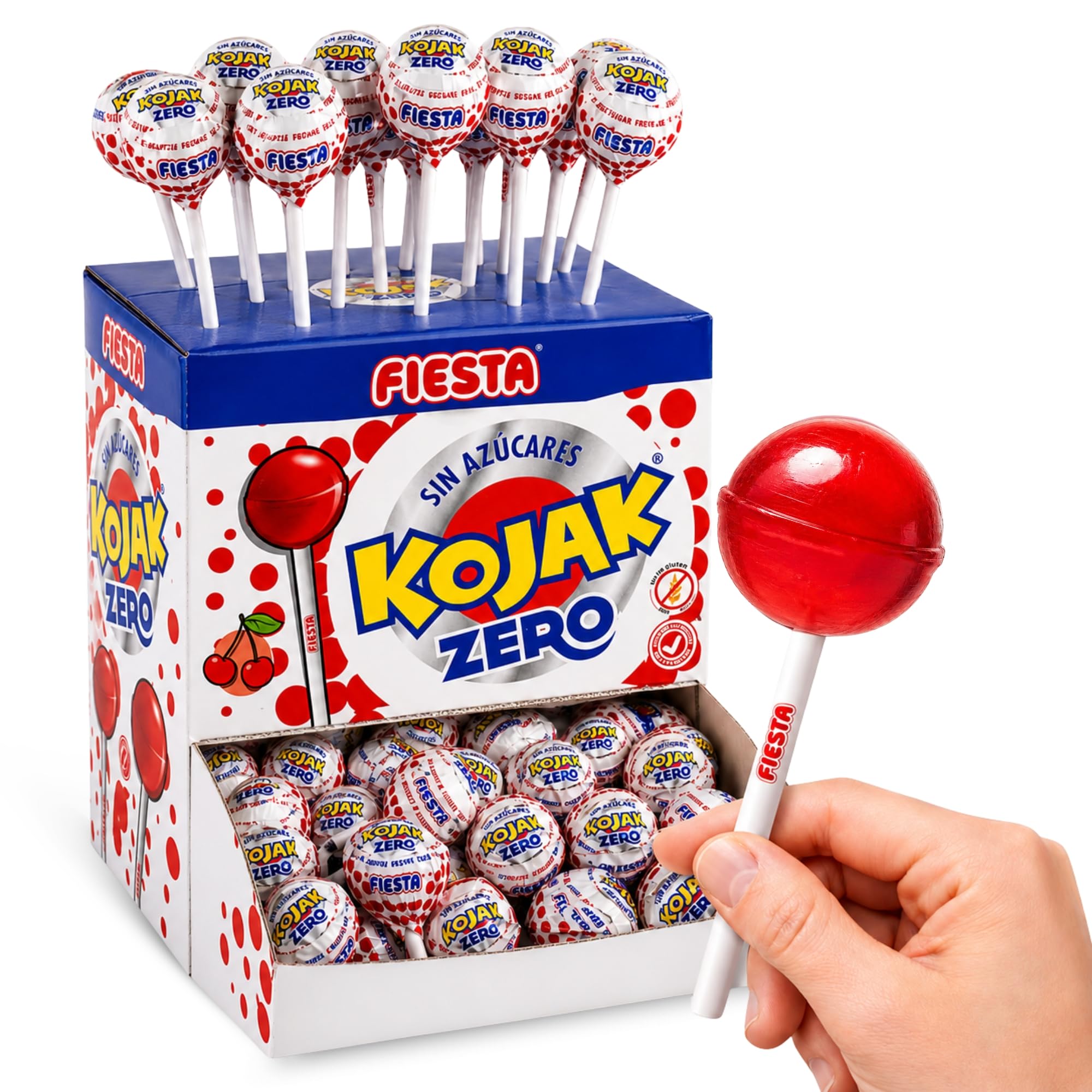 Caramelo con Palo sabor cereza SIN Azucar, Caramelo NO relleno de Chicle Kojak, Apto para veganos, sin gluten, sin huevo y sin lactosa es completamente apto para celíacos, 1 caja de 70 unidades
