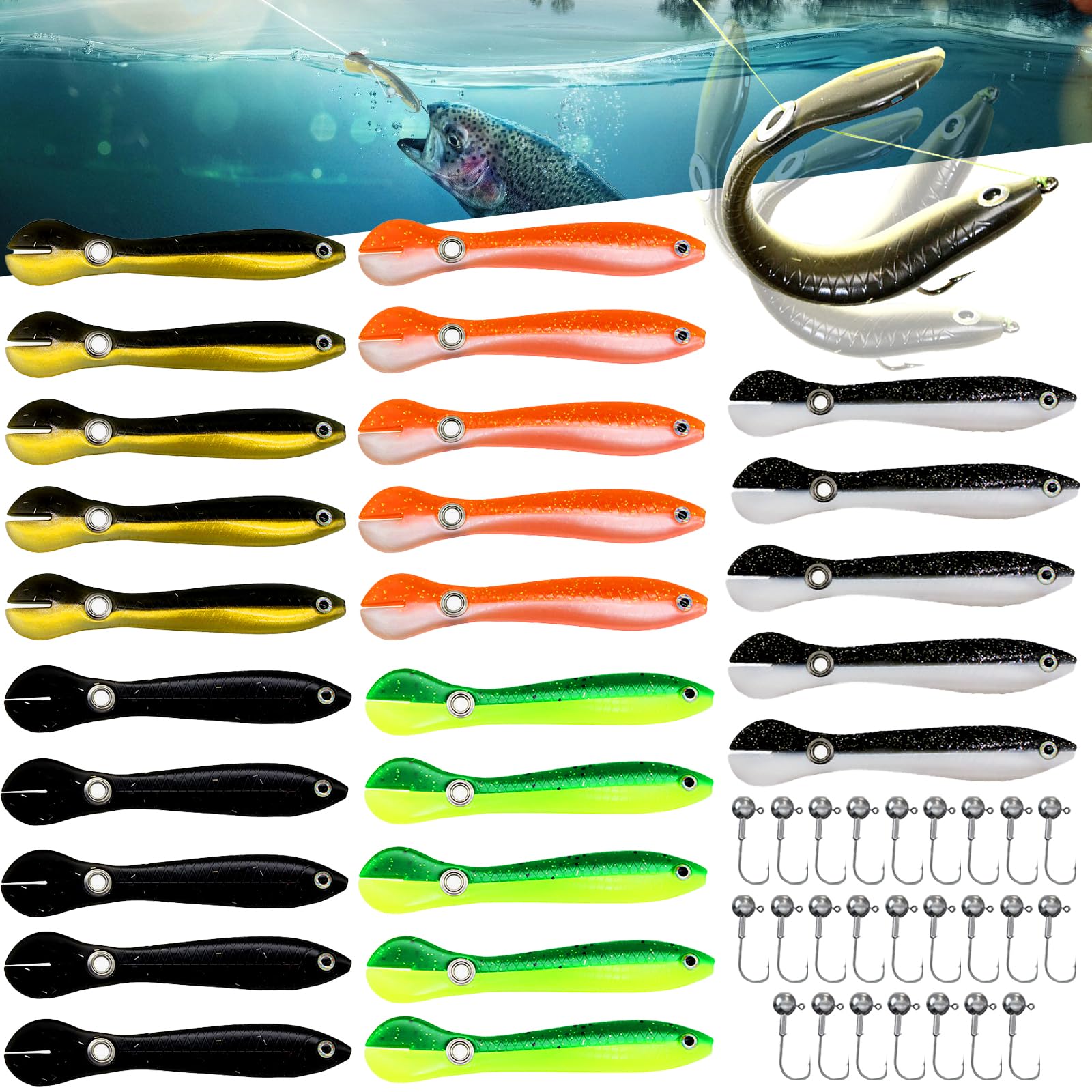 Pack of 25 Soft Fishing Lures, Bionic Artificial Bait, Artificial Bait Wobbler with 25 Pieces Lead Head Hooks for Freshwater and Saltwater Fishing Gifts for Bass, Cockmouth, Catfish, etc., Fishing