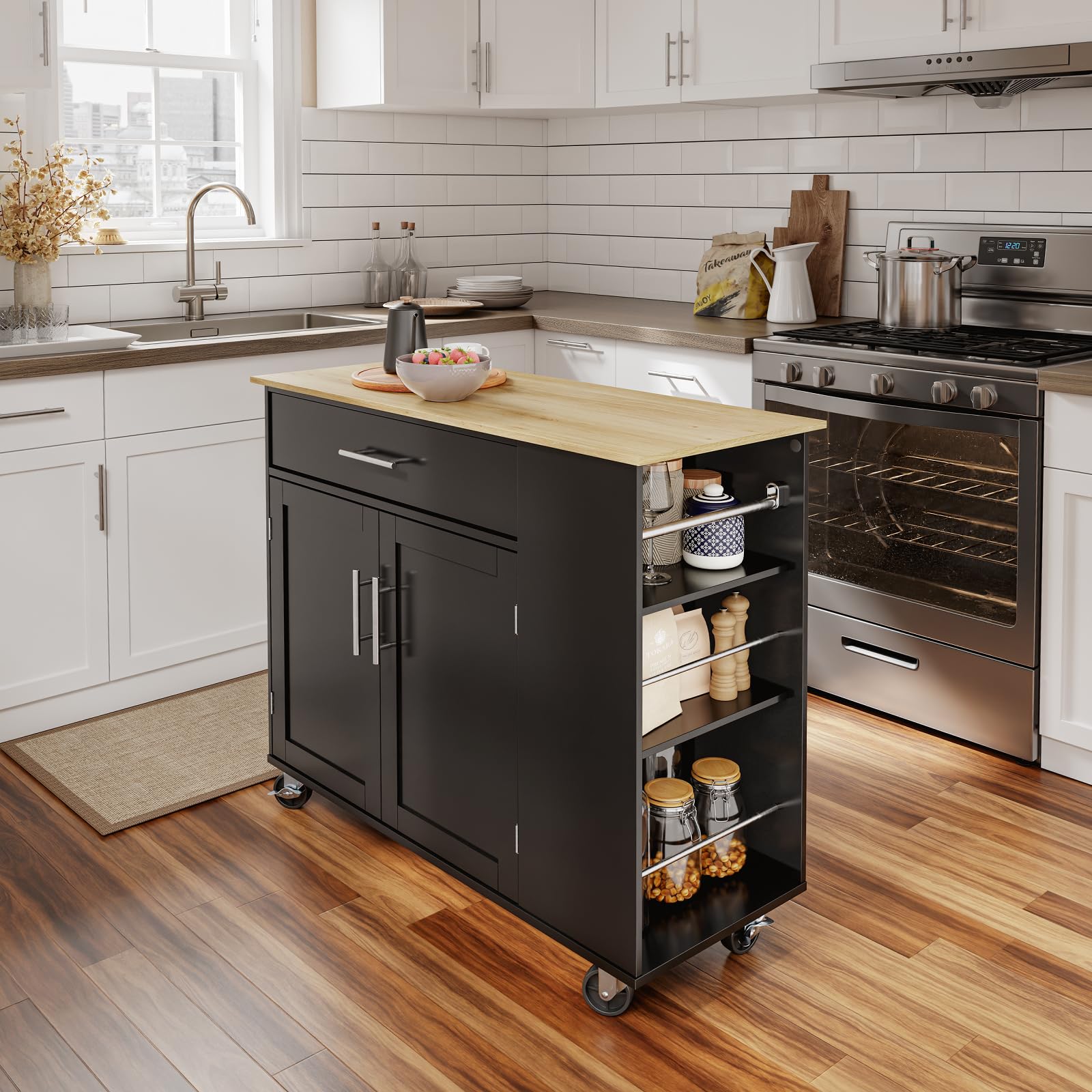 SoBuy Desserte Cuisine avec roulettes freinées et 3 étagères 99x40x84,3 cm | Meuble rangement cuisine, grand plan en bois, charge 75 kg, tiroir et placard 2 portes, MDF/PB, pour la cuisine, FKW133-SCH