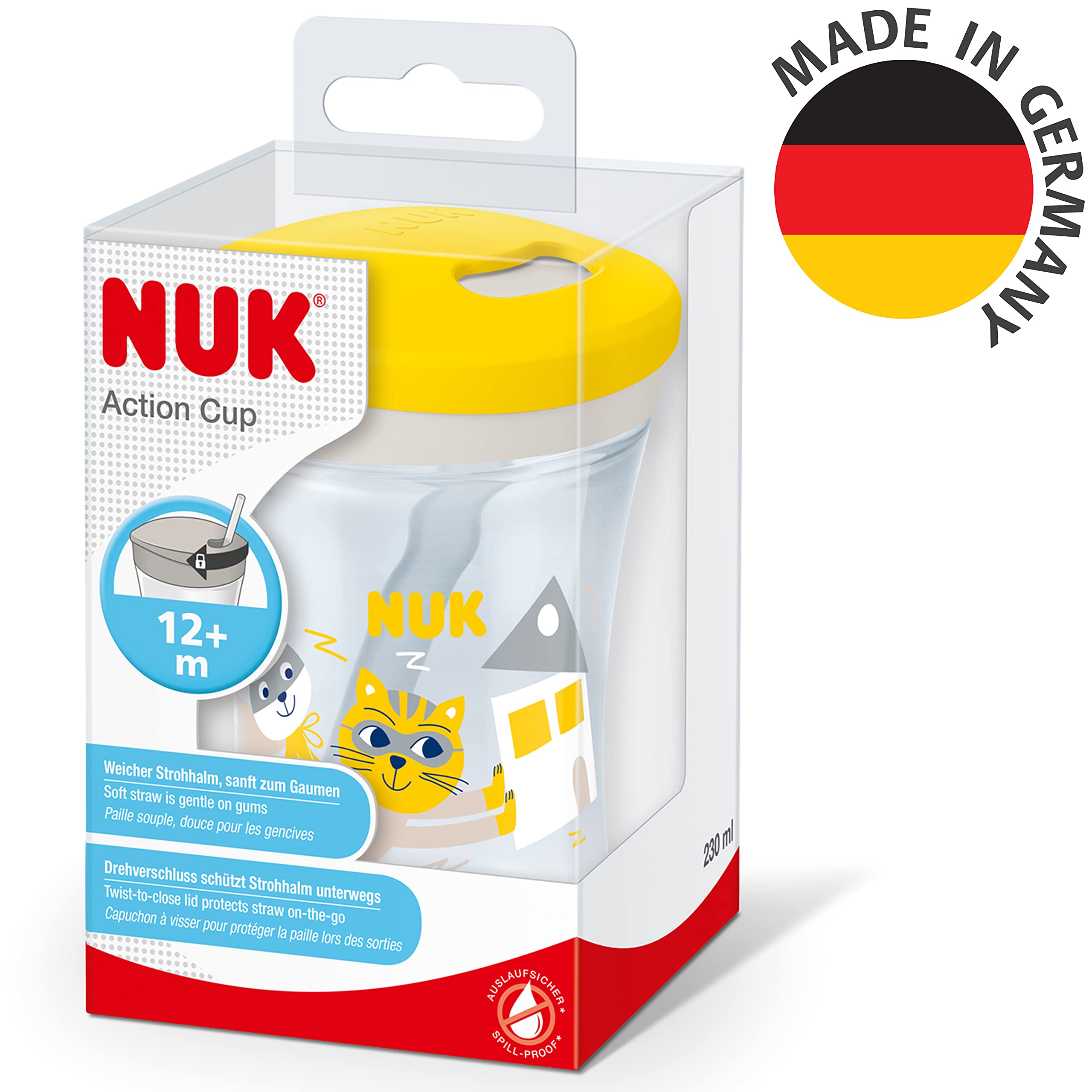 Kubek dla malucha NUK Action Cup | Od 12 miesiąca | Zakręcany, z miękką słomką | Szczelny | Nie zawiera BPA | 230 ml | Kot (żółty)
