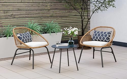 LAUSAINT HOME Juego de 3 piezas de bistró para patio, juegos de muebles de mimbre para exteriores con 2 sillas anchas y mesa auxiliar, juego de