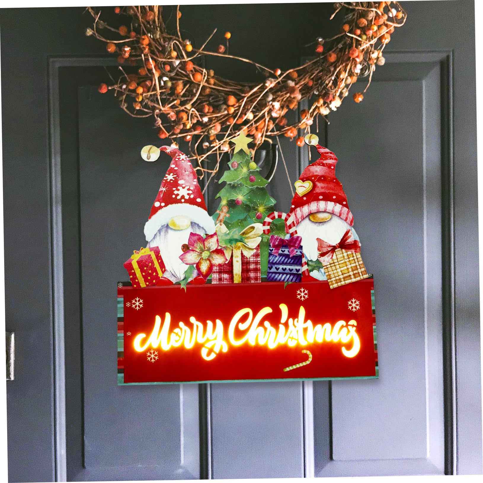 Amosfun Adornos de Santa Claus Letrero Navideño para Puerta de Entrada Diseño de Duendes Colgantes Letrero Decorativo Navideño de Madera sin Luz