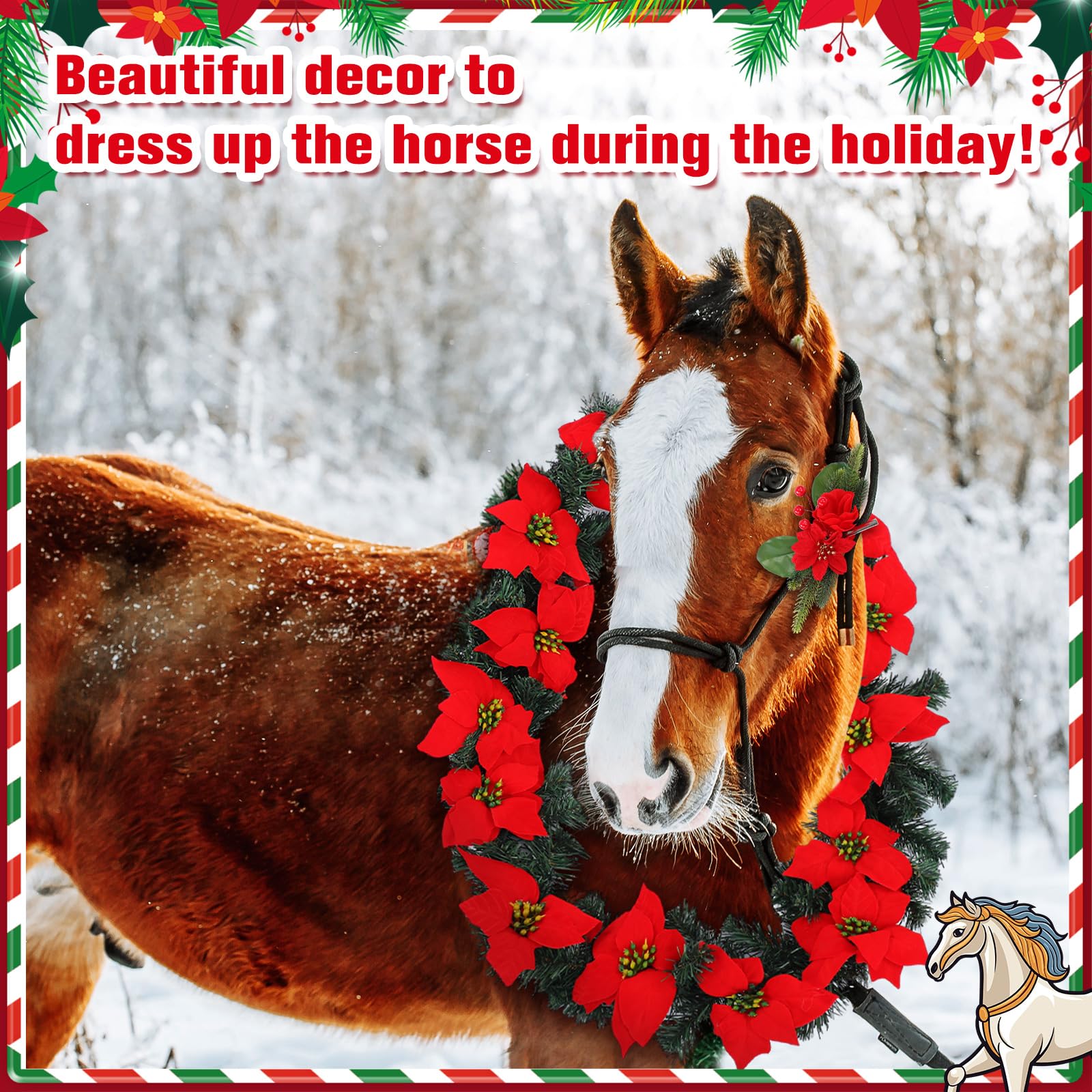 Dansydaisy Weihnachtskranz, Pferd, Halfter, Halfter, Zaumzeug, Clip-Set, 180 cm, künstliche Weihnachtsstern-Girlanden für Urlaubsdekoration, Pferde-Kostüm-Zubehör