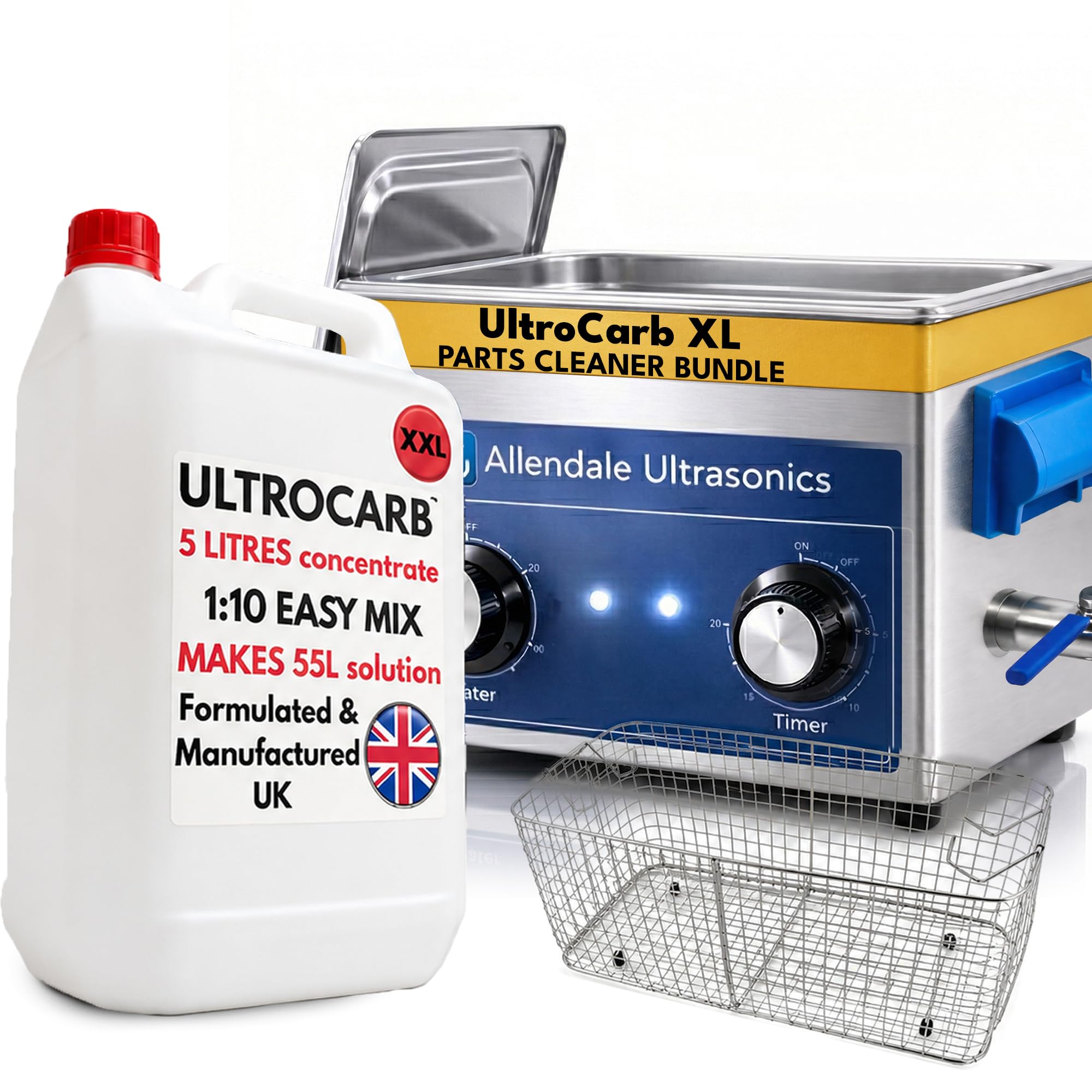 6L Ultrasonic Cleaner Kit 150W with Heater, Dial Timer, Drain Tap, Wire Basket & 5L Carburettor Cleaning Fluid - Stainless Steel Ultrasonic Cleaning Machine Bundle for Carburettors & Engine Parts