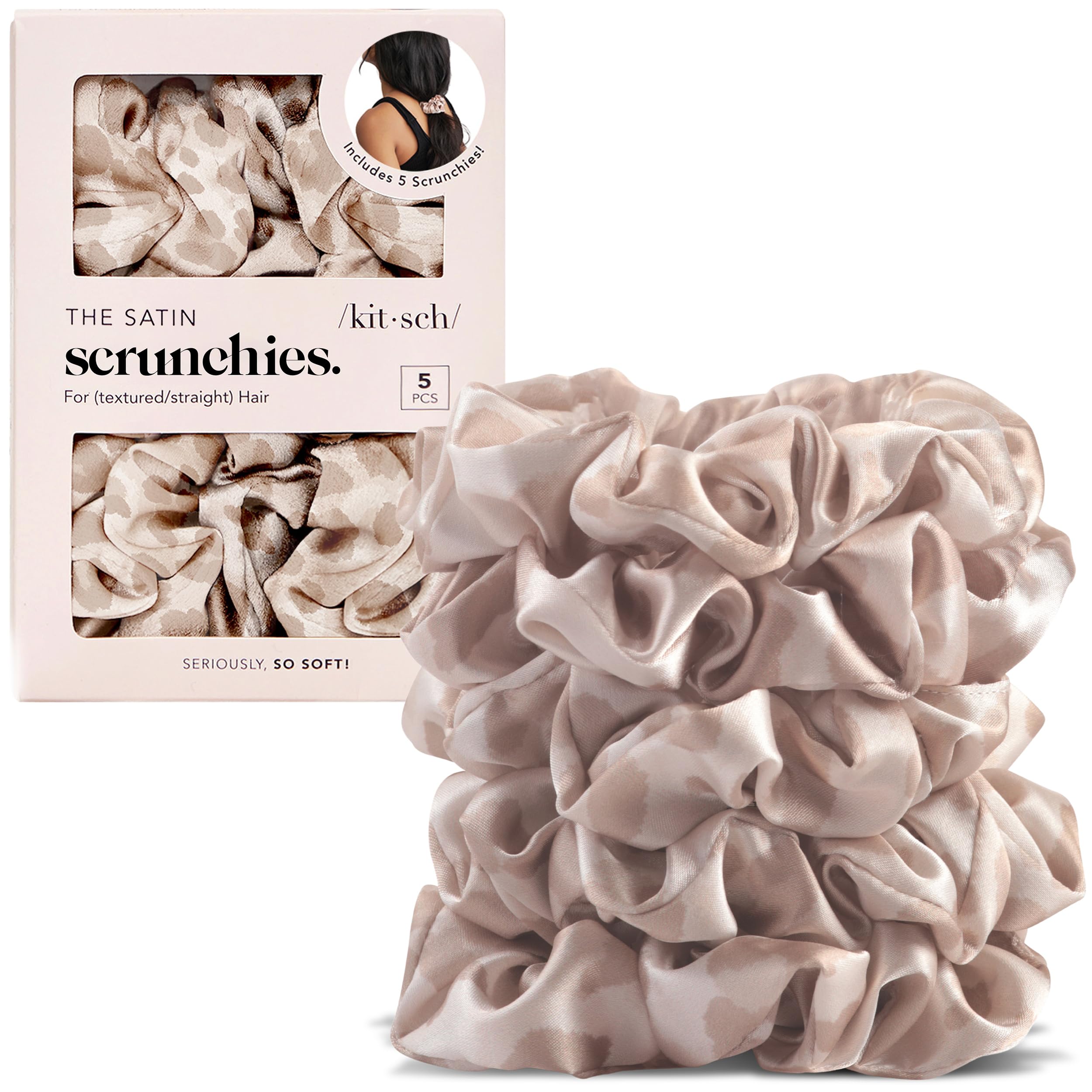 Kitsch Satin Hair Scrunchies - Softer than Silk Scrunchies for Girls & Stylish Satin Hair Ties for Women | Cute Hair Scrunchies for Styling 5 Pack (Leopard)
