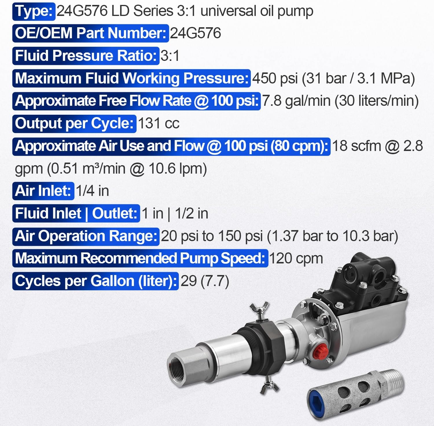 24G576 LD Series Air Powered 3:1 Universal Oil Pump with Bung Adapter