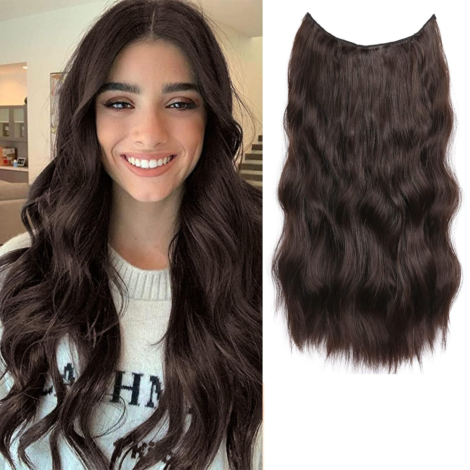 PRAVRAJYA Women Hair Extension Full Head Wig 22 Inch Synthetic Natural Wavy Hair Pieces with 5 Clip Wig Cheap Fluffy & Not Tangled Women and Girls - (4# dark brown)
