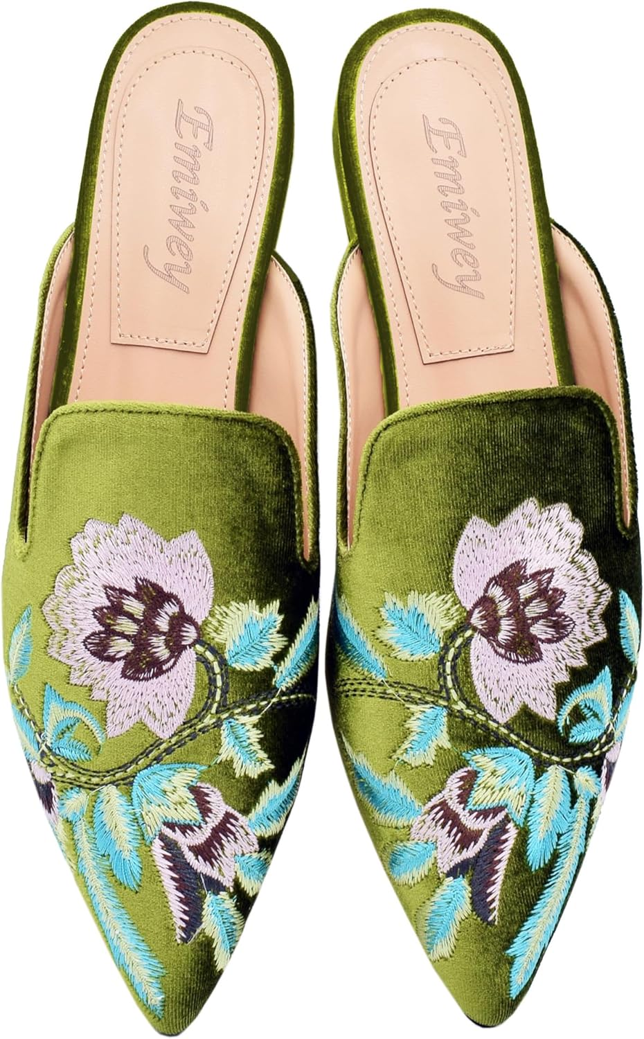 Emiwey Women's Green Velvet Backless Slip On Loafers Flats Embroidery Mule Slippers Shoes 8.5 M US