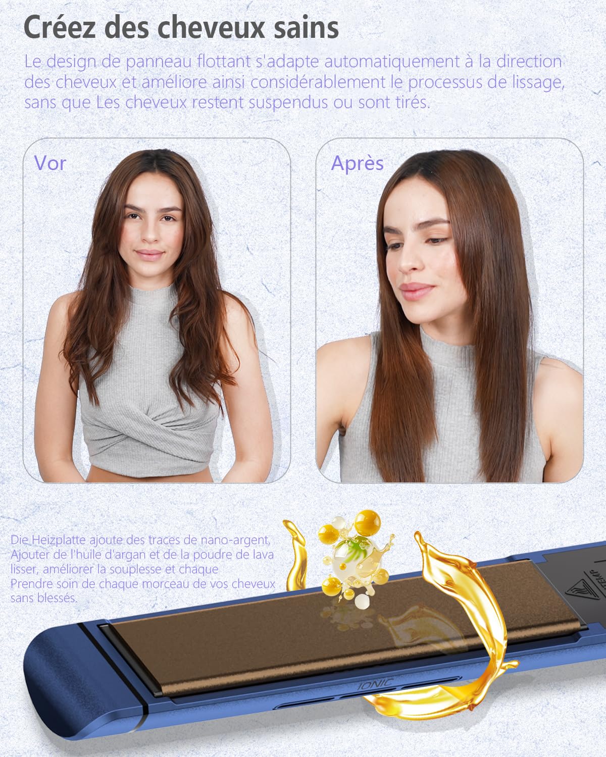 KUSNCA Lisseur Cheveux, 2 EN 1 Lisseur Boucler et Lisser Lisse et Brillant, 3D Plaque Céramique Flottante Empêche Les Cheveux de Tirer, Face Avant Avec Fonction Anti-brûlure, LCD 110°C-230°C (Bleu)