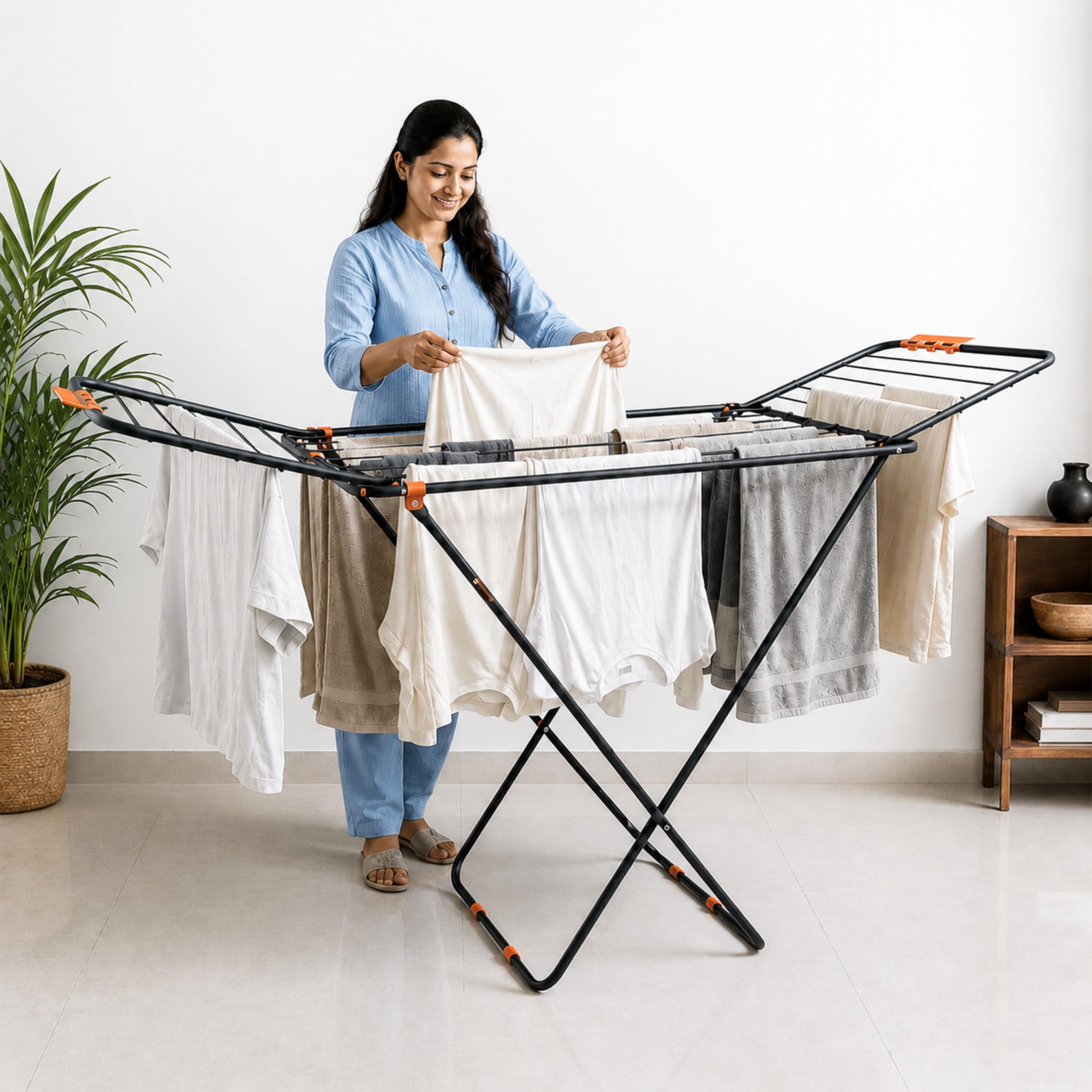BonKaso Foldable Cloth Drying Stand for Drying Clothes, 3-Way Folding with 20 Drying Rails, Lightweight Alloy Steel, Flat Folding Design | Indoor & Outdoor Clothes Dryer Orange