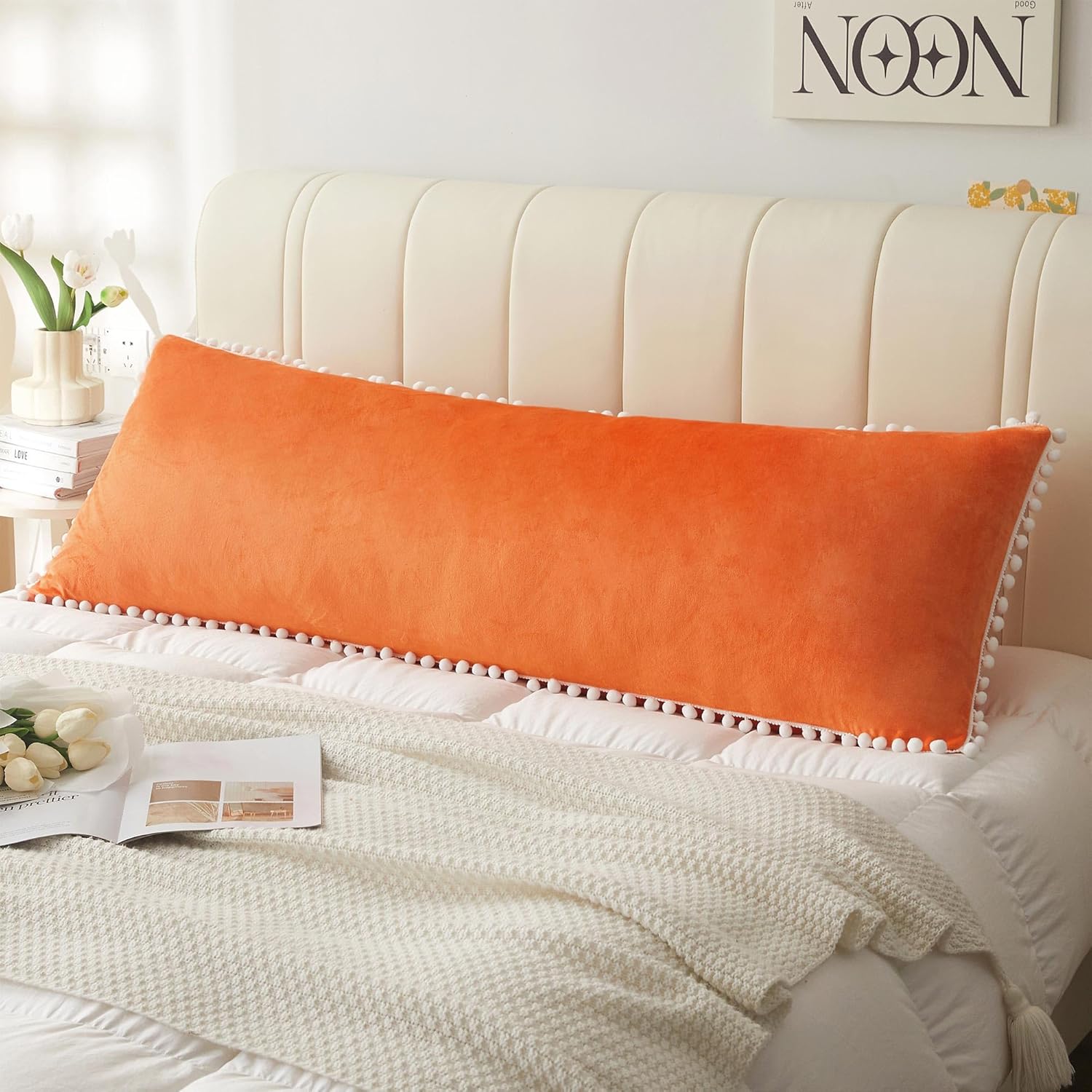 LIFEREVO Pompoms Velvet Bed Body Pillow Cover, Soft Fuzzy