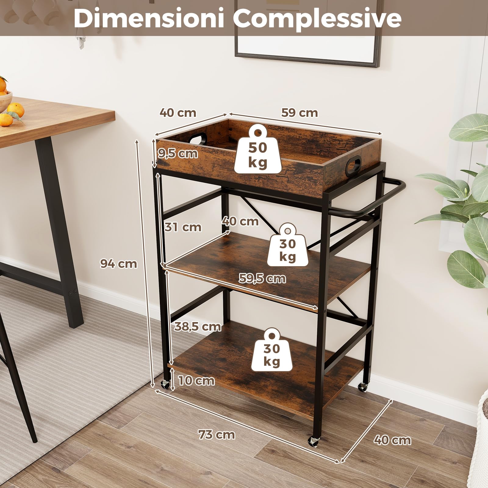 COSTWAY Carrello da Bar a 3 Ripiani, Carrello da Servizio Industriale con Vassoio Rimovibile, 4 Ruote Bloccabili e 1 Maniglia, Carrello da Cucina con Ruote, 73 x 40 x 94 cm