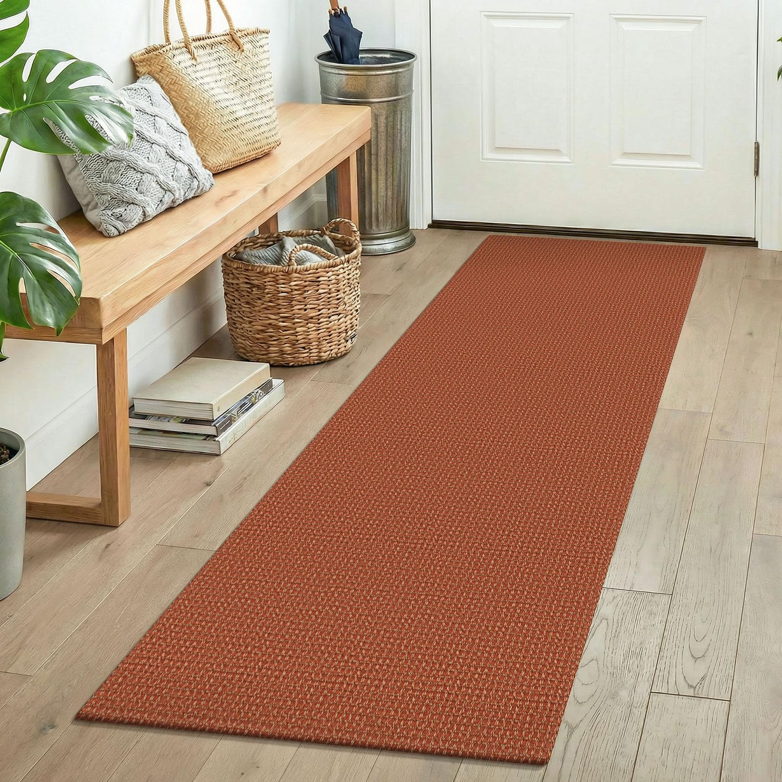 KOZYFLY Woven 2x5 Entry Runner Rug, Washable Runners for Entryway, Non Slip Hallway Rug, Small Throw Carpet Runner for Kitchen, Bedside, Hall, Bathroom, Burnt Orange/Tan — image 1