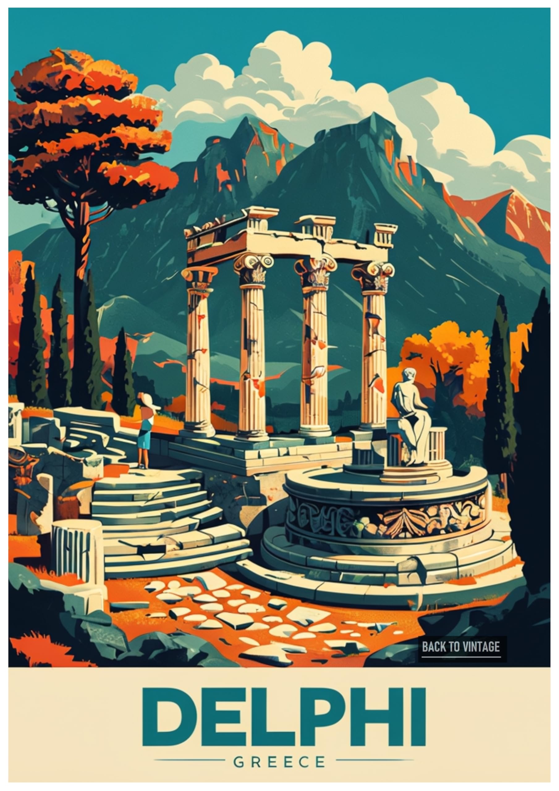 Back To Vintage Multicoloured Delphi Greece - Retro Europe Travel Poster A4 Size Vintage Wall Art Print Of Famous European Destinations Ideal For Home Or Office Decor