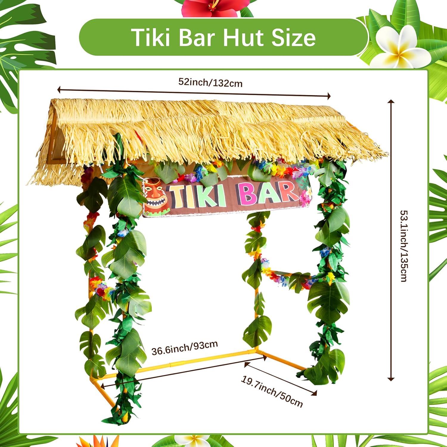Auihiay Abundant Tiki Bar Hut Kit, Portable Outdoor Tiki Bar Decor with Hawaiian Leis, hanging swirl decoration, Roof, Banner, Luau Party Supplies for Tropical Themed Pool Beach Hawaiian Parties