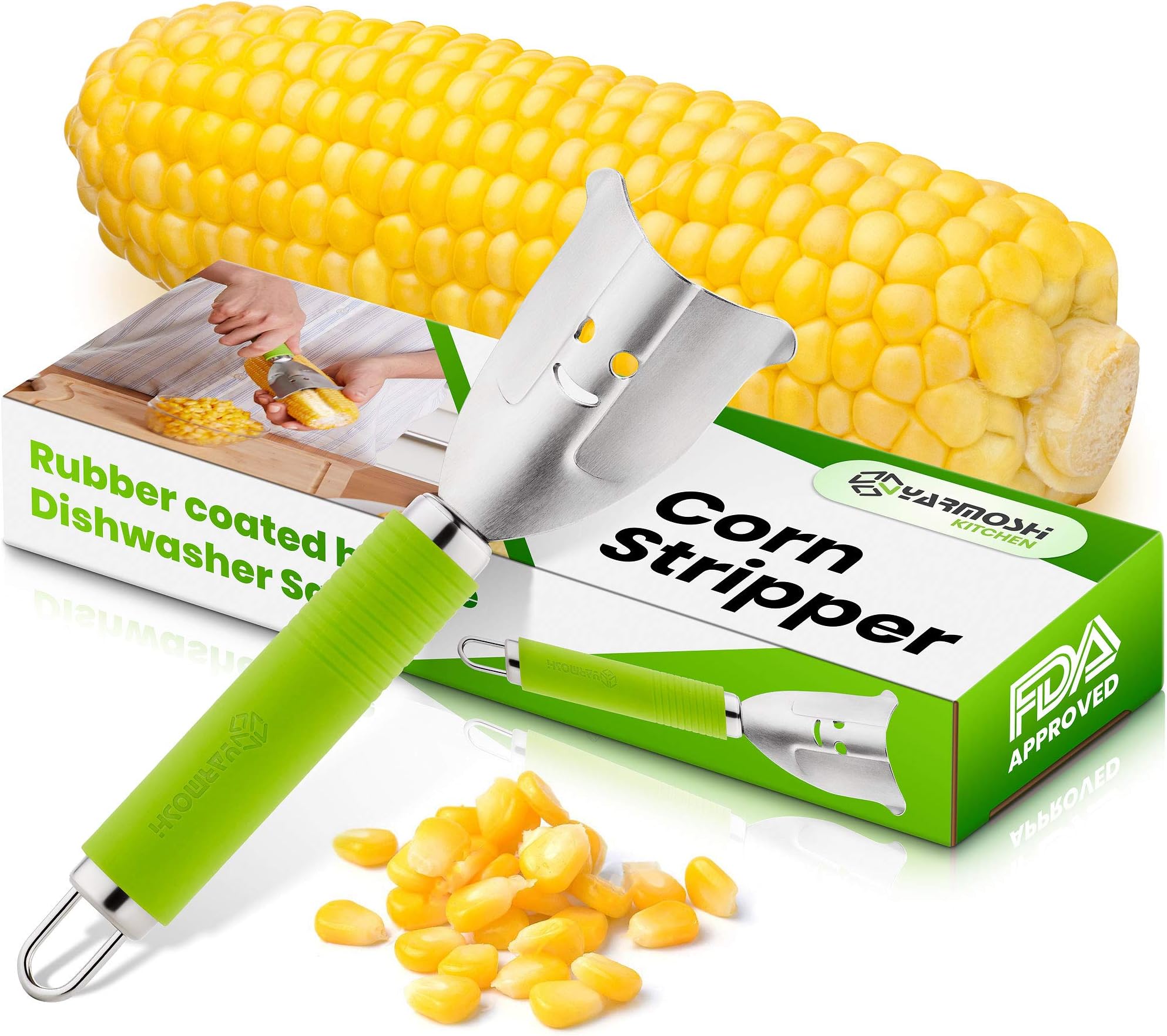 Yarmoshi Corn Stripper, Peeler, Corn on the Cob Zipper Tool to Remove Kernels - Stainless Steel with Rubber Coated, Non-Slip Ergonomic Handle for Extra Comfort - 7.5 x 2.2 Inches. Kitchen Gadget