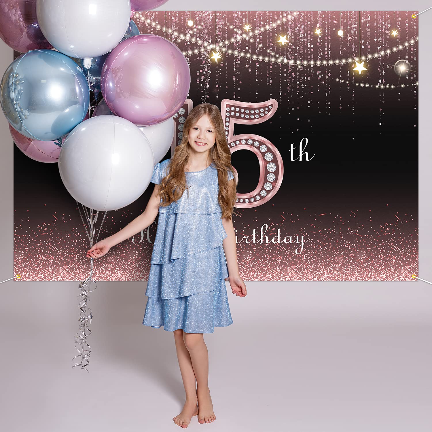 HAMIGAR 6x4ft Happy 15th Birthday Backdrop Banner - Rose Gold, With 20ft Ribbon, For Girls Party Decor