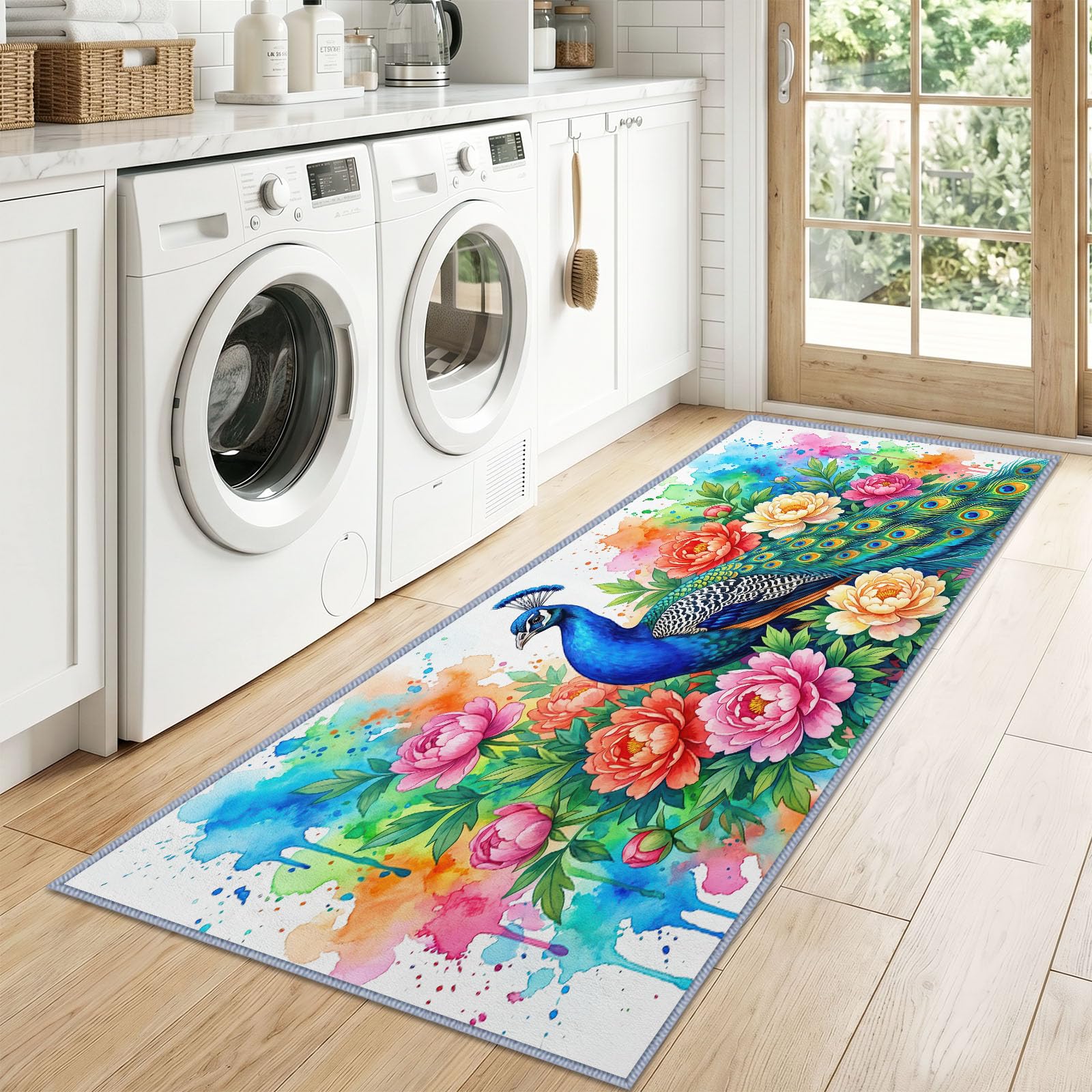 Pavo real azul flores alfombra pasillo lavable a máquina 80x180cm