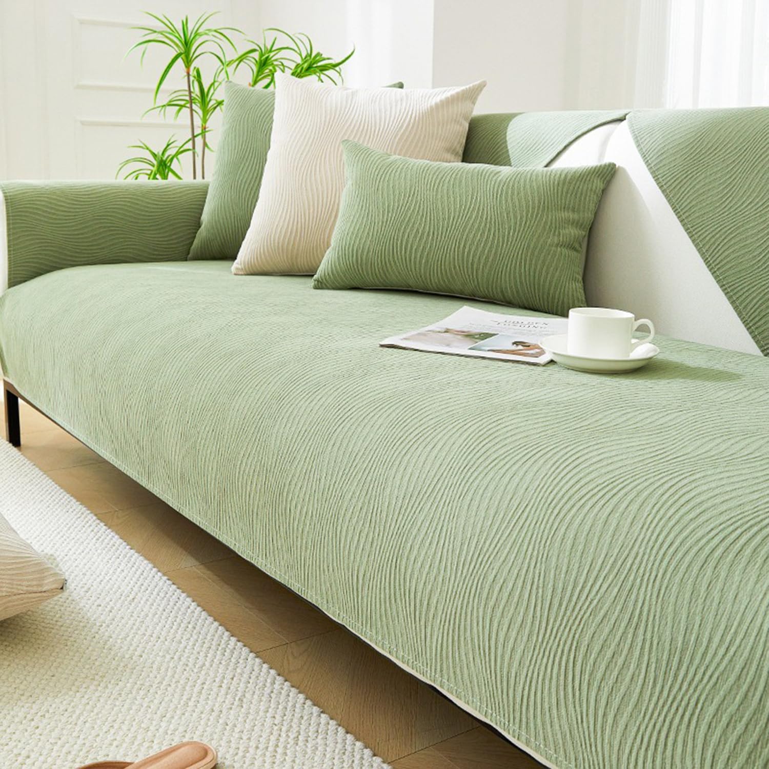Housse de canapé respirante soie de glace vert 90x210, tapis antidérapant salon