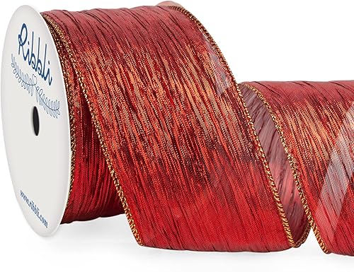 Ribbli Cinta para árbol de Navidad, color rojo oscuro, con alambre y borde dorado metálico, cinta de Navidad para guirnalda, coronas, lazo superior,
