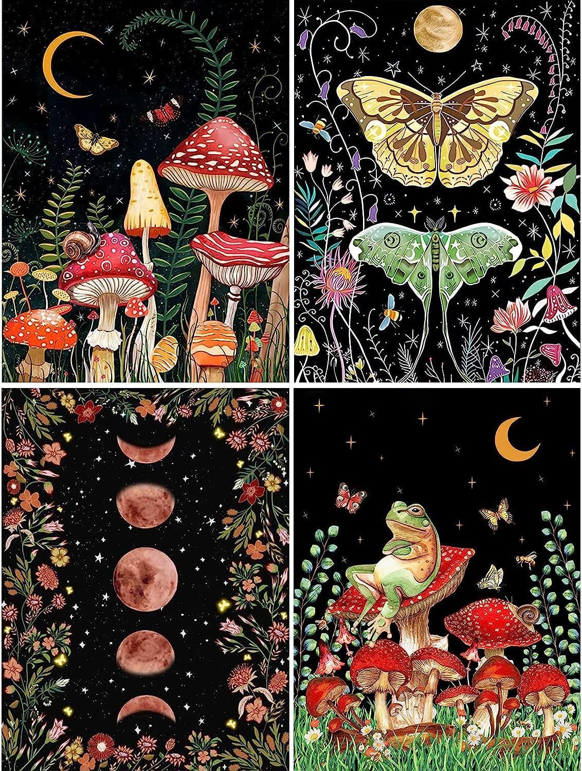 Yalkin Mushroom Paint By Numbers For Adults, Moon Painting By Number Kits On Canvas,Without Frame Diy Color Oil Painting Acrylic Paints,Home Wall Decor（4 Pack 12X16 In）