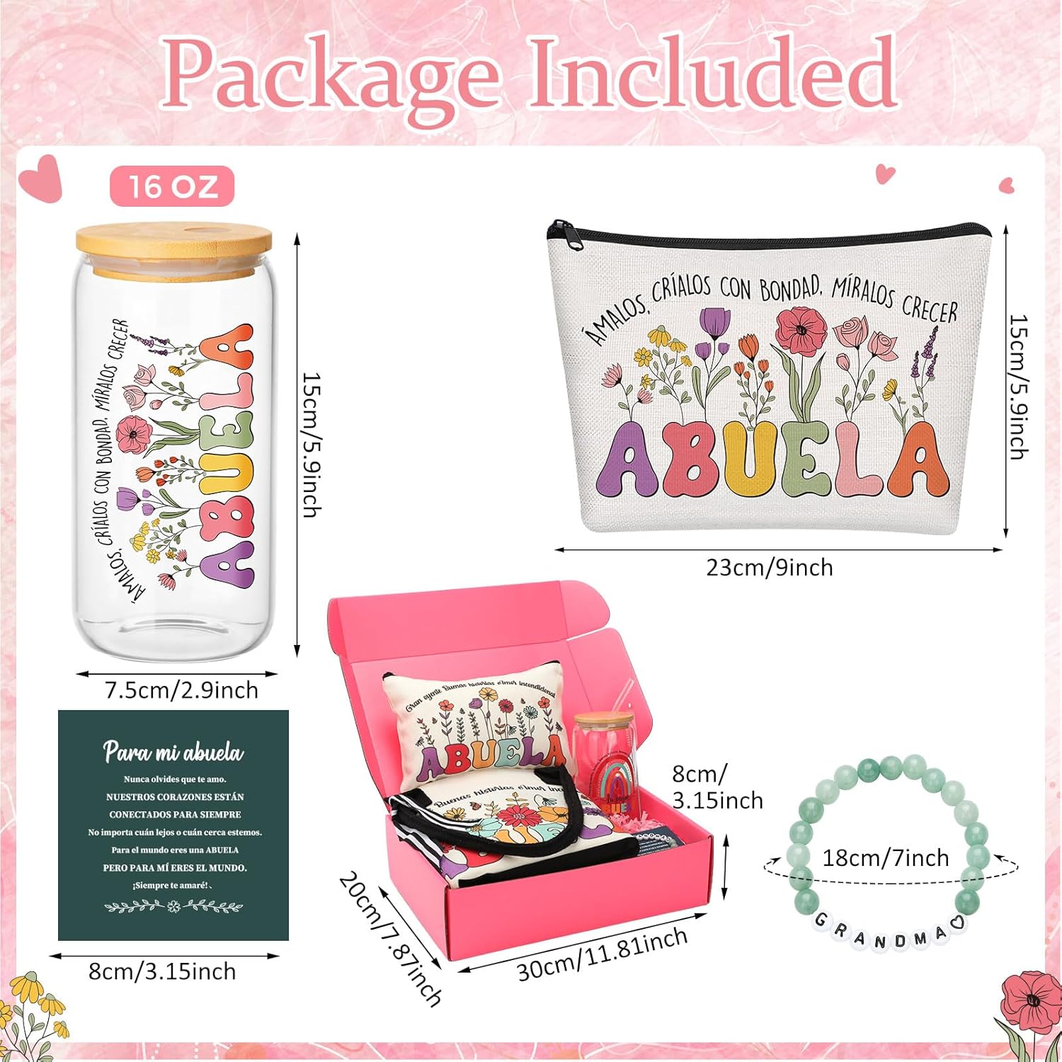 LemonRoad 5 Pcs Spanish Grandma Gifts Set Christmas Birthday Abuela Gifts Including Tote Bag 16 oz Glass Cup Makeup Bag Natural Stone Bracelets for Nana Gigi Grandmother Christmas Birthday Supplies