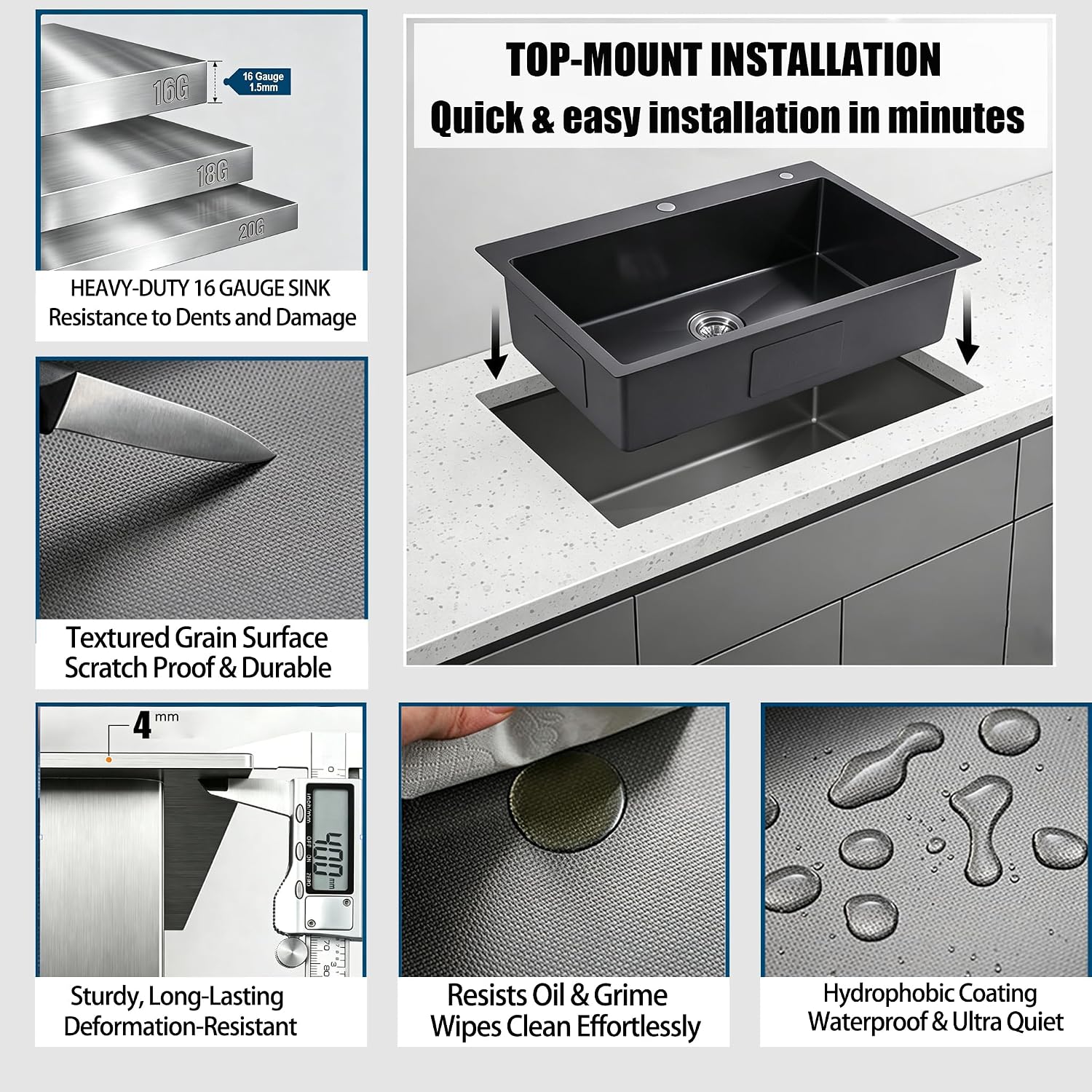33 Inch Drop In Kitchen Sink,16-Gauge Stainless Steel Single Bowl Deep Kitchen Sinks with Faucet & Glass Washer and Bottom Protector and Other Accessories (Matte Black, 33 * 18 inch)