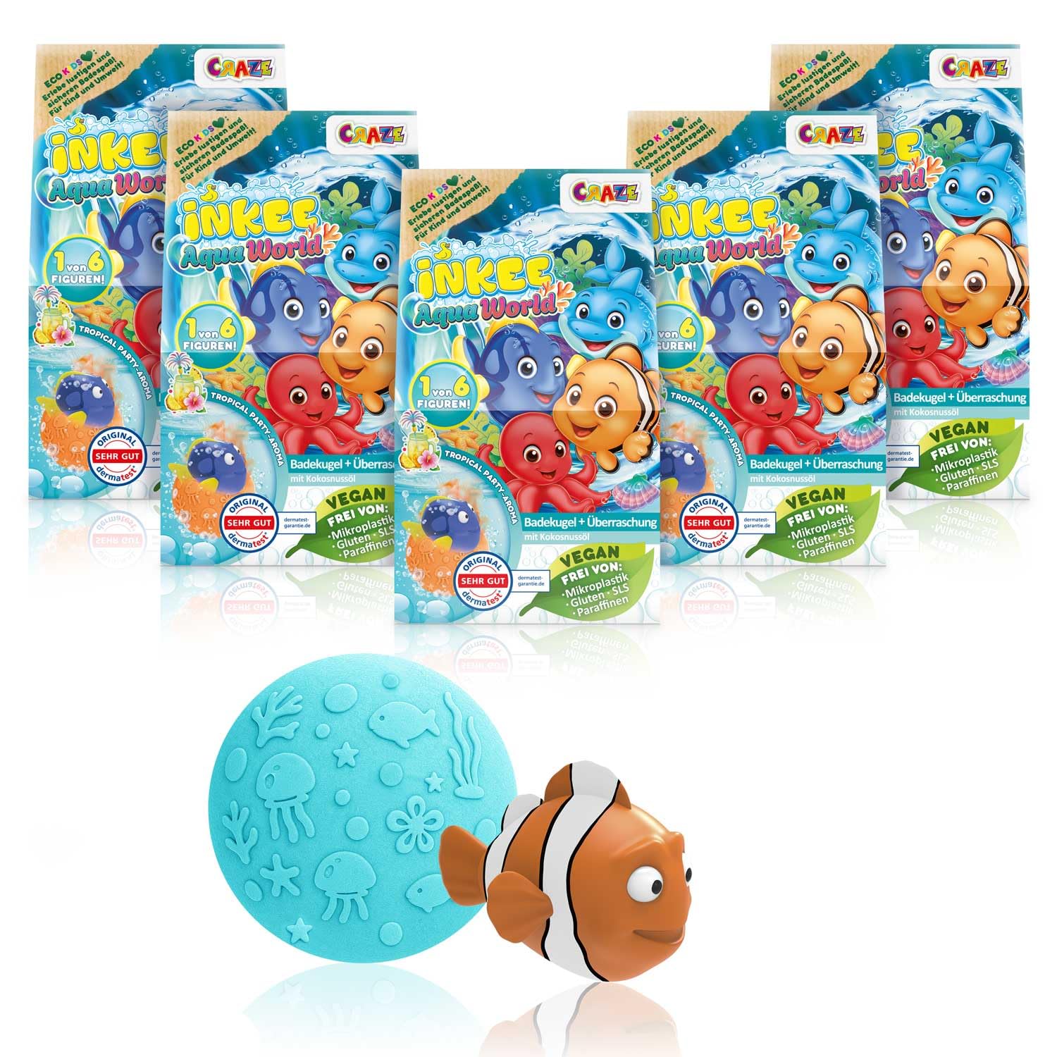 INKEE Aqua World 5er Pack - Badebomben Kinder mit Überraschung – 5 Badekugel für Kinder mit Spielzeug Figur, Badebombe Mädchen Geschenk