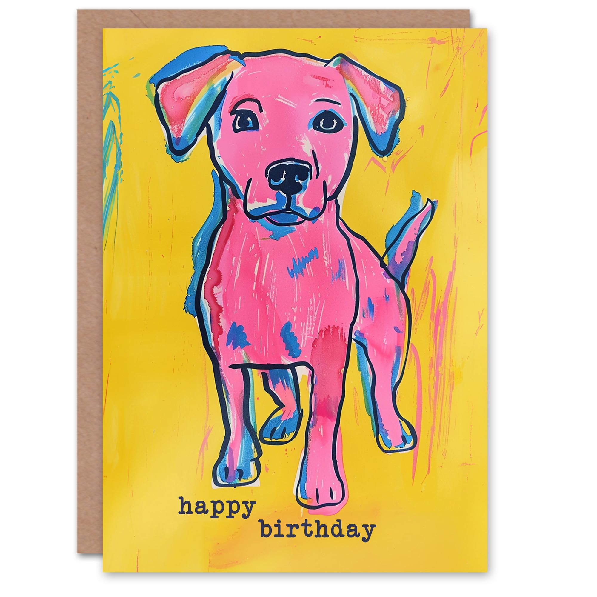 Artery8 Dog Lover Cute Puppy Bright Pink Yellow Pop Art Blank For Him Or Her Art Birthday Card