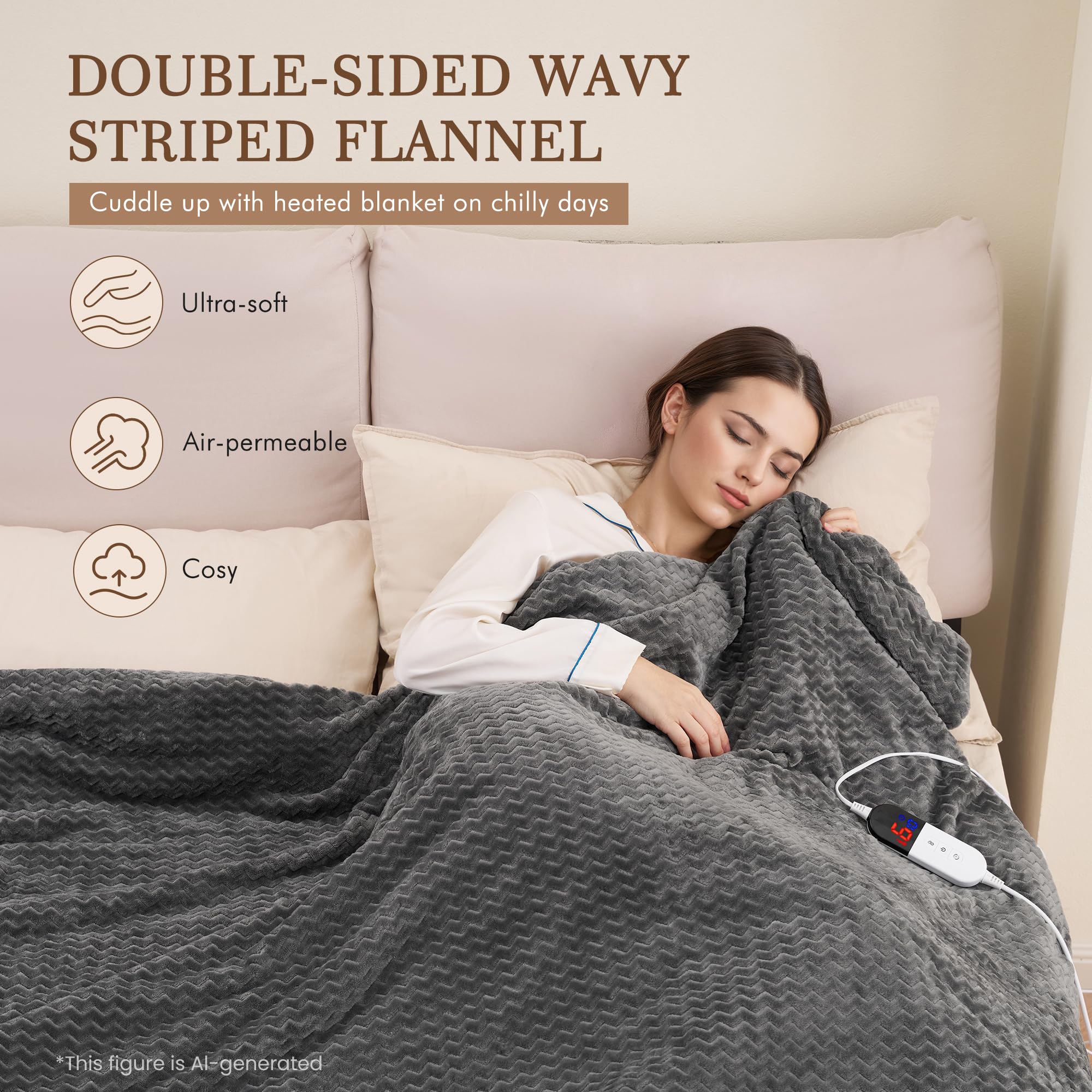 Manta Eléctrica Térmica de Franela con Patrón de Olas 130*180cm, Manta Eléctrica Grande con 6 Niveles de Calor y Apagado Automático 1-10H, Calefactora Lavable a Máquina para Sofá Cama Oficina (Gris)